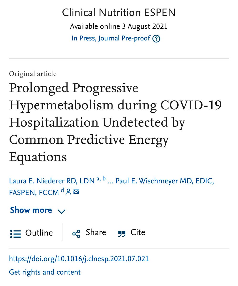 Paul_Wischmeyer's tweet photo. 📝New Data Online! 
How MUCH to FEED COVID19 ICU Pts? 

-#COVID19 Pts remain hypermetabolic for 7 wks

-Predictive equations perform POORLY 👎 vs #IndirectCalorimetry (IC)

-OBESE pts have VERY DIFFERENT calorie needs vs NON-OBESE

We MUST use IC in #ICU!

https://t.co/HCgwVifbRl https://t.co/AZZTV81HS9