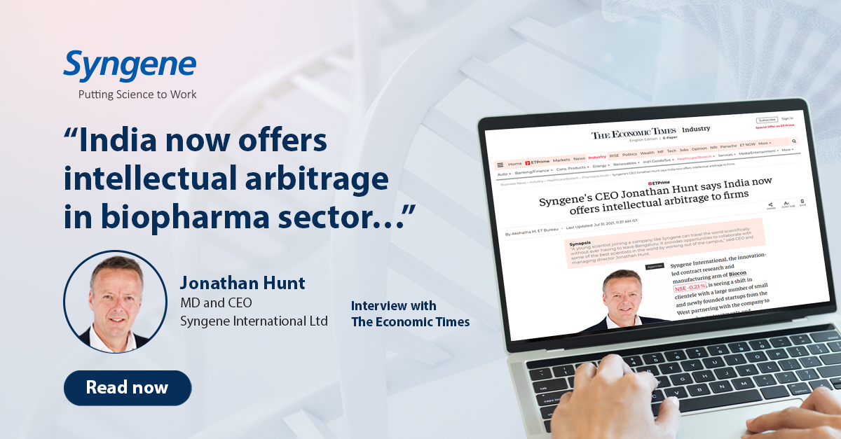 Read what our MD &amp; CEO Jonathan Hunt has to say on the shift in clientele with a large number of small &amp; newly founded start-ups from the West partnering with #Syngene to research new treatments &amp; medicines. To read more, click 👉bit.ly/3rSAwHf.
#biopharma #india #CDMO