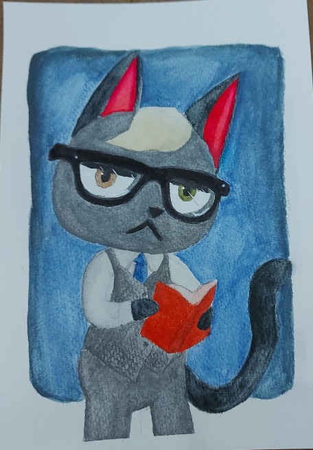 Valhallaariane's tweet photo. A watercolor of Raymond! Getting ready for the Super Fantastical Geek Market and pumping out some unique lil prints! #AnimalCrossingNewHorizons #animalcrossingraymond #raymondacnh #watercolor #animalcrossingfanart #fanart https://t.co/awQvAuG1iq