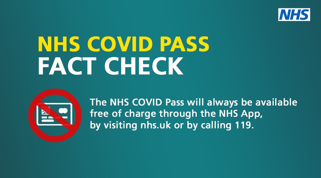 NHS COVID PASS 
FACT CHECK 

The NHS COVID Pass will always be available free of charge through the NHS App, by visiting nhs.uk or by calling 119.