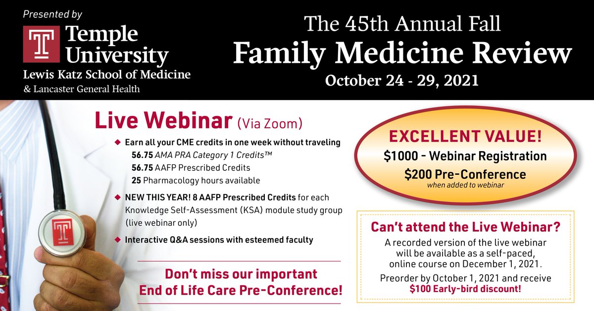 Registration is now open! Join us October 24-29, 2021, for our 45th Annual Fall Family Medicine Review - Live Webinar. New for 2021: Knowledge Self-Assessment (KSA) module study groups!

Brochure and Registration Information: tinyurl.com/8jfhzyau