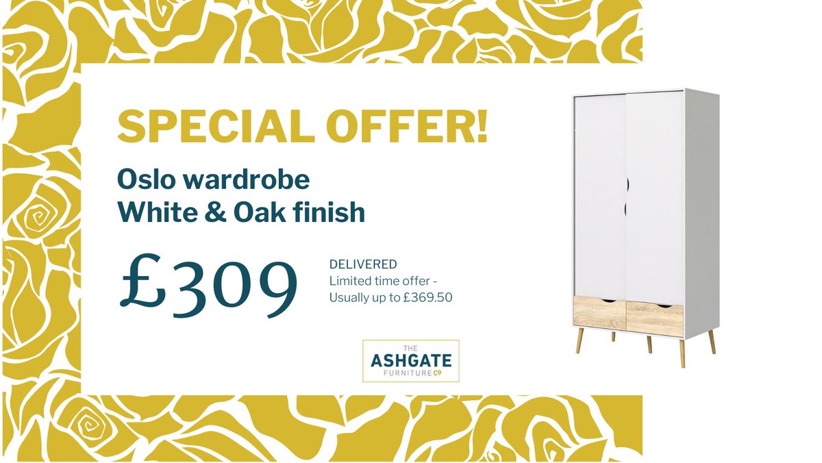 SPECIAL OFFER!
Get our Oslo wardrobe - White & Oak finish for £309 delivered 
Usual price £369.50
Offer ends 9th August
#Bedroom #BedroomStorage #Wardrobe #FlatPack