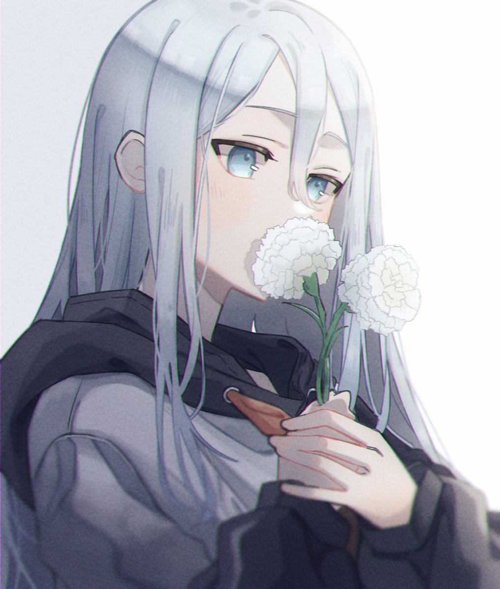 1girl flower solo long hair holding flower hood holding  illustration images
