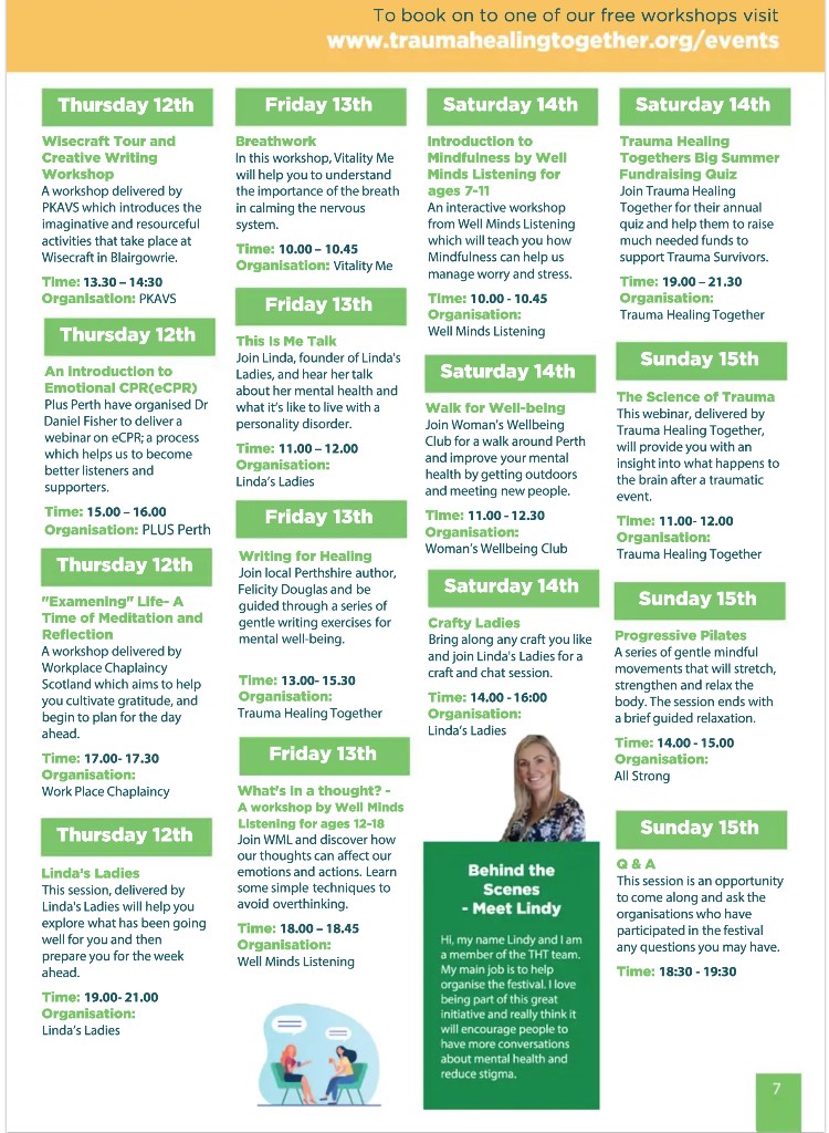 TraumaTogether's tweet photo. Starting Monday!!!
The timetable of completely #free events happening as part of #PerthandKinross #mentalhealth and #Wellbeing  Festival. Book now https://t.co/yW5NFETLiy
#PKMHWFest https://t.co/Q0RwV9K90q