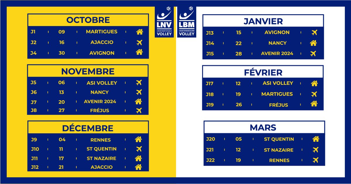 📅 [ CALENDRIER SAISON 2021-2022 ] 📅

👉La saison 2021-2022 débute en octobre pour notre équipe professionnelle avec la réception de Martigues  pour le compte de la première journée de LBM !

ℹ Voici le calendrier prévisionnel établit par la @LNV pour cette saison !!!!