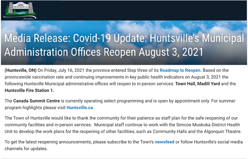 Reopening continues! As of today Huntsville's Town Hall, Madill Yard and the Huntsville Fire Station 1 are open for in-person business. 🎉  Read the release at huntsville.ca/Modules/News/i… #Muskoka #HuntsvilleON