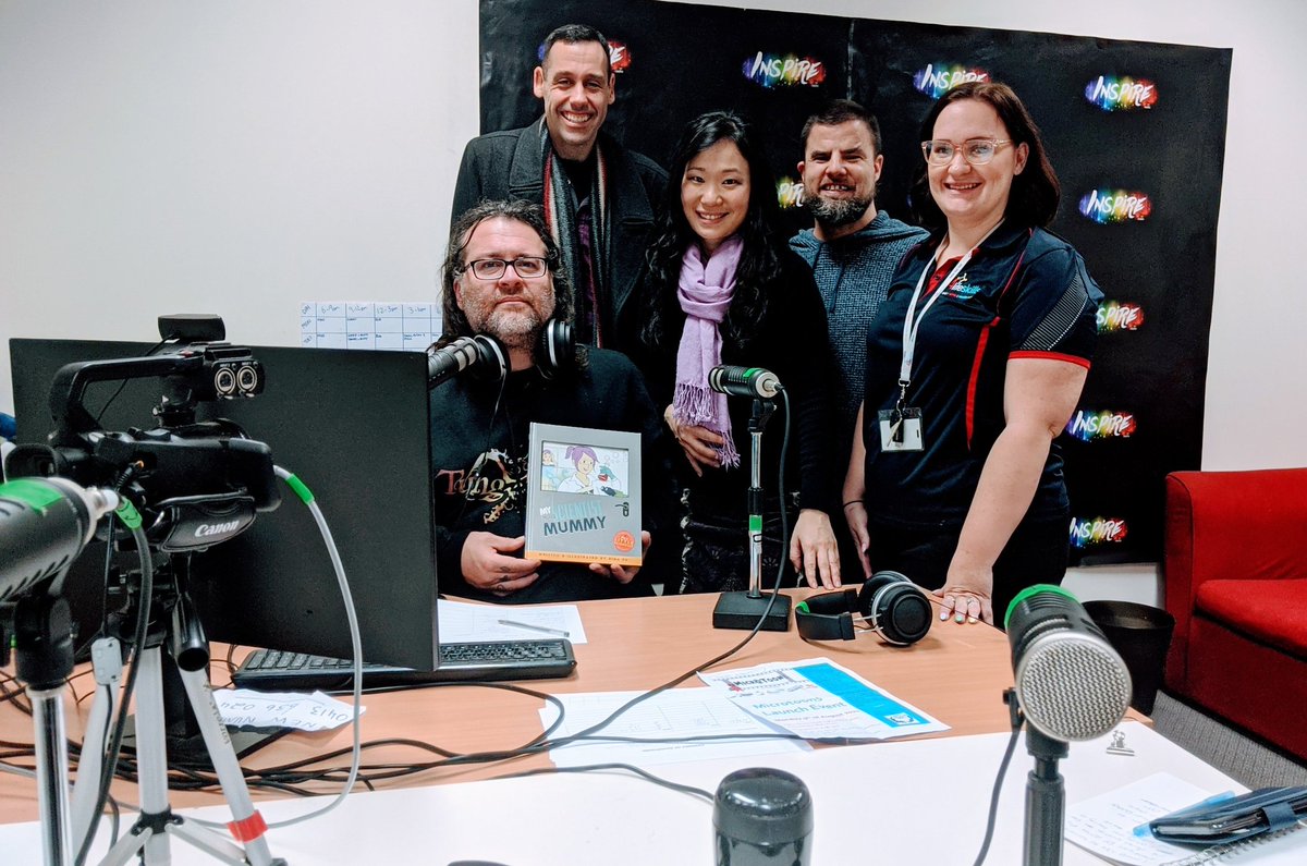 scientist_mum's tweet photo. π»Inspire #Radio interview - with Rusty, Aaron (Red Bird Creative), Geoff & Claire (4lifeskills)- sharing our journey to produce #MicroToons, #impact of the project. Can't believe Rusty got me to #sing on air! So I got the whole team to be my back up singersπ! @inspiringaus https://t.co/aodmNZRRRR