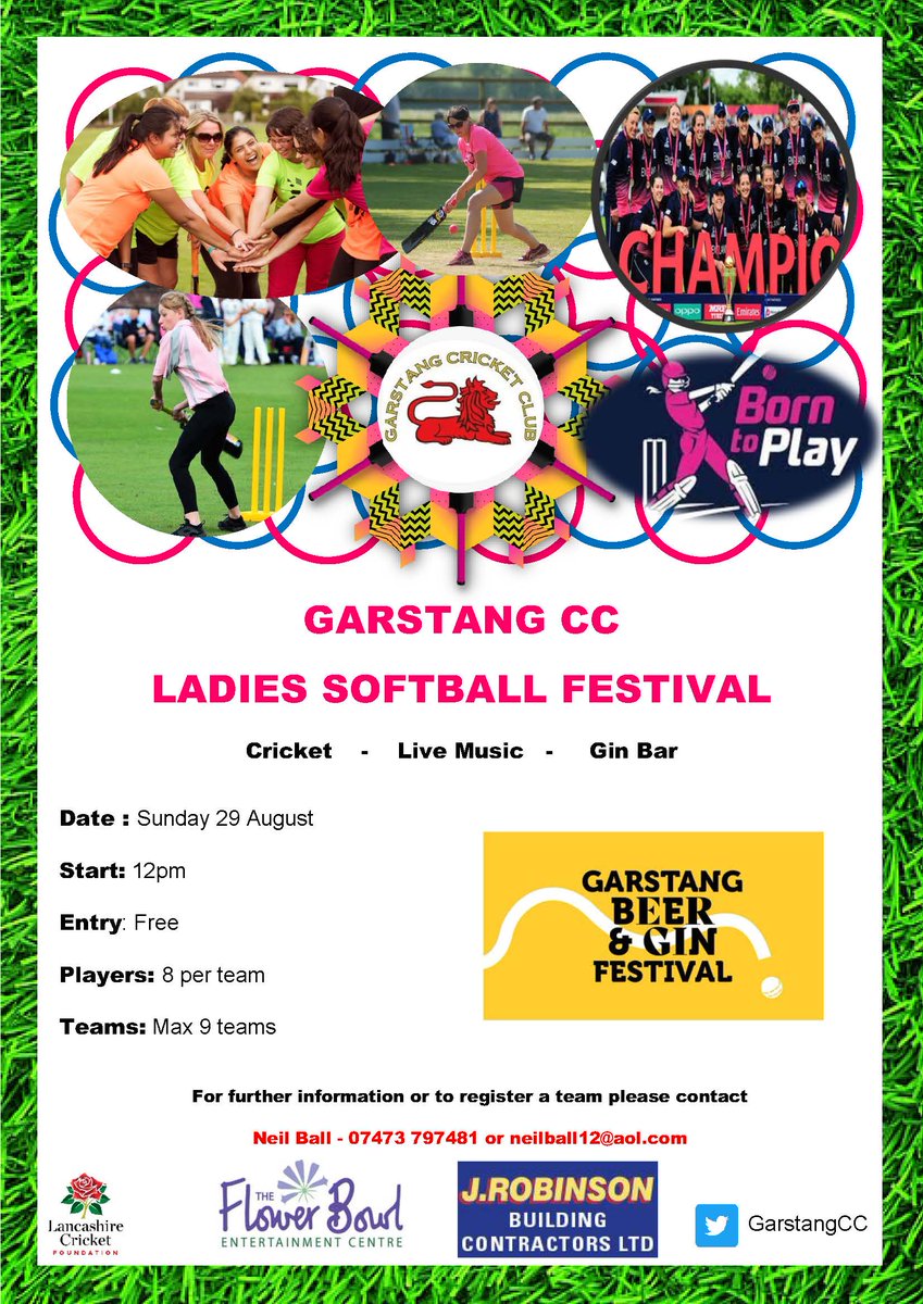 As part of our Beer &amp; Gin festival, Garstang CC are hosting a ladies softball festival on Sun 29 Aug. 

🏏 Cricket 
🍸 Gin bar
🎤 Live music
🍔 Food

Tickets - Players will get free entry to the evening. 

It will be a great day, so register now using the details on the poster.