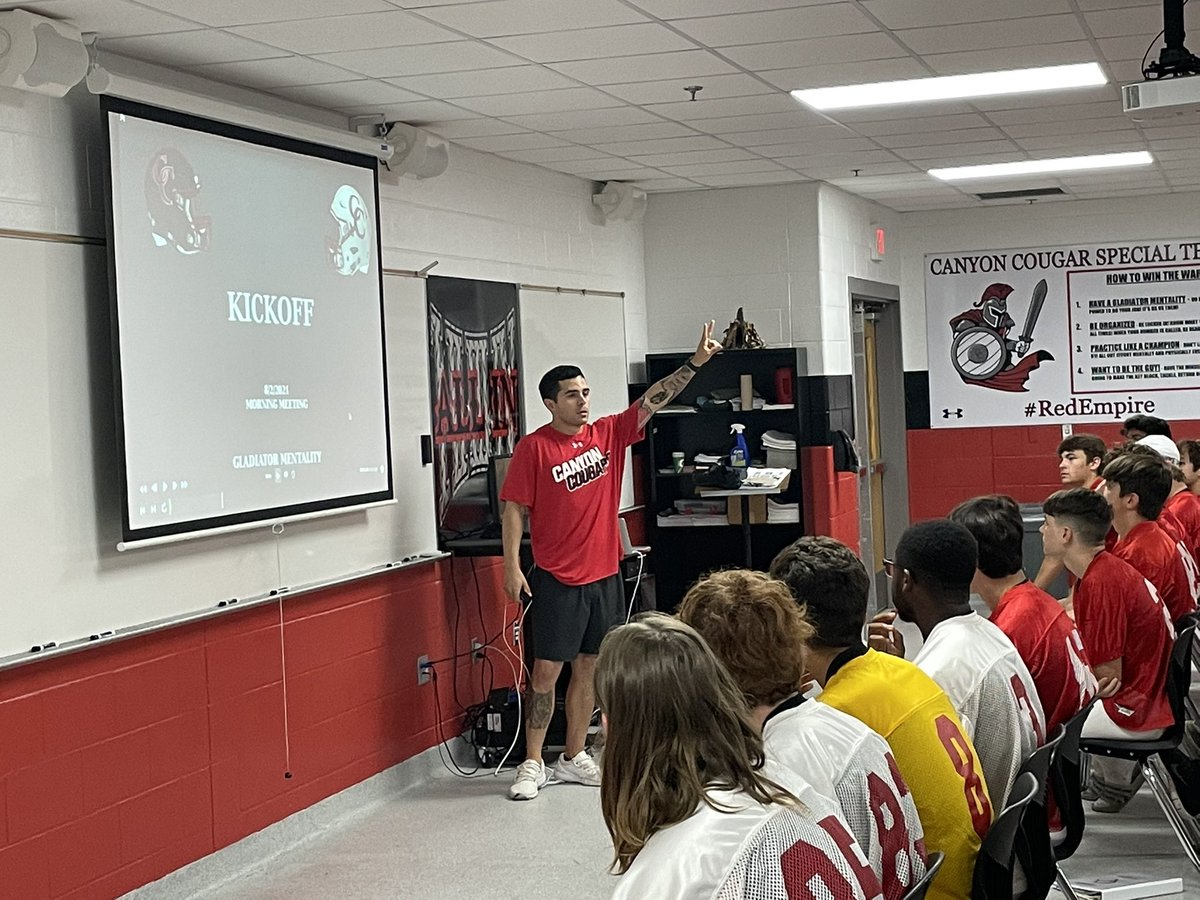 CoachTBush's tweet photo. Kick-Off is the special teams emphasis of today!! Special Teams Coordinator @CoachGarcia0 setting the tone early this morning!!
@Canyon_Football
#RedEmpire
#GladiatorMentality https://t.co/YEl9Y4GrEK