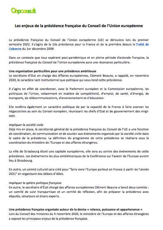 ConsultChp's tweet photo. La présidence française du #Conseil de 🇪🇺 se déroulera en 2022. La 13e présidence pour la #France. Dans un contexte que tous espèrent post-pandémique et en pleine période électorale 🇨🇵, celle-ci aura une résonance particulière. CHP Consult vous en livre les grands enjeux https://t.co/Ju4bvL18jq