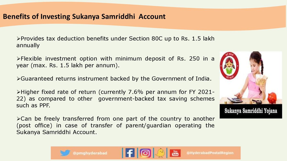 PmgHyderabad's tweet photo. Sukanya Samriddhi Yojana (SSY), a government-backed small savings scheme for the benefit of girl child.
#Hyderabadpostalregion #sukanyasamriddhischeme https://t.co/hz74Y3UbqH