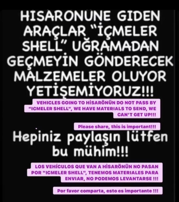 Ibrahim Çelikkol pide que compartamos este comunicado a Turquía 🇹🇷🙏 Los vehículos que van a Hisarönüne no pasar por “Icemeler Shell Tenemos materiales para enviar, no podemos levantar.
Por favor 🙏 compartir, es importante 🇹🇷🇹🇷🇹🇷🙏🙏