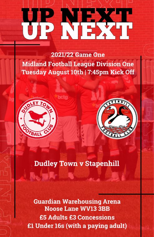𝗢𝗡𝗘 𝗪𝗘𝗘𝗞 𝗧𝗢 𝗚𝗢! 

Next Tuesday evening, we’re FINALLY back in competitive action as we host Stapenhill in our first Midland Football League fixture. 

𝗞𝗜𝗗𝗦 𝗙𝗢𝗥 𝗔 𝗤𝗨𝗜𝗗! 

To mark the occasion, under 16s entry is just £1 with a paying adult!

#UTR