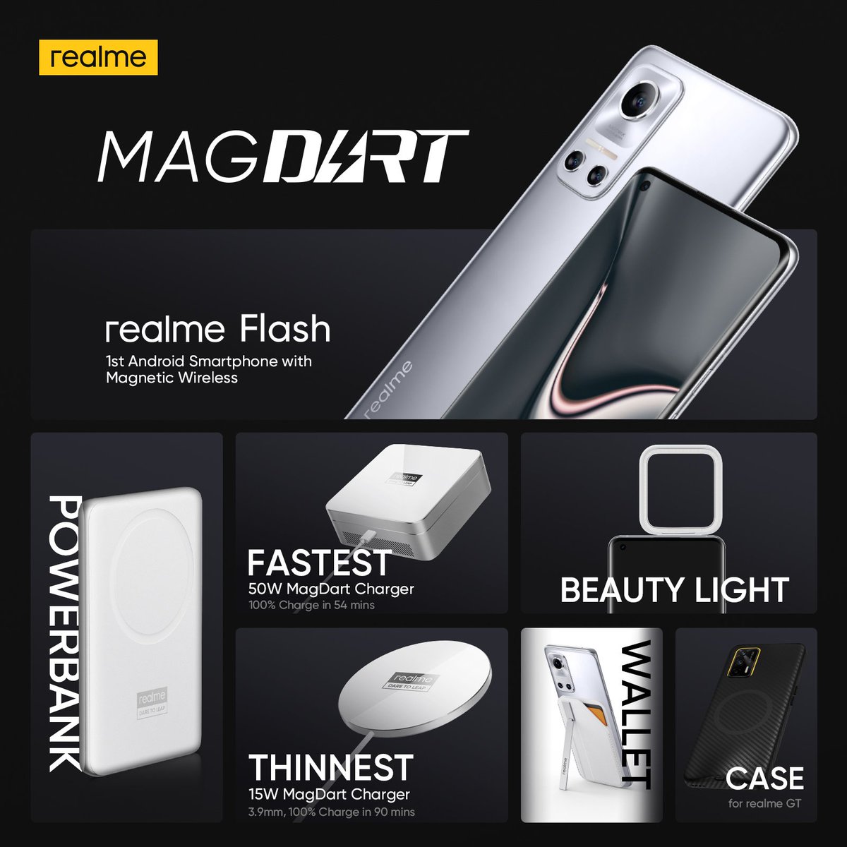 PalsonYi's tweet photo. Check out all the seven #MagDart products introduced today: 

✅ The #realmeFlash, 1st Concept smartphone
✅ 50W MagDart Charger 
✅ 15W MagDart Charger,  Thinnest Wireless Charger 
✅ #realme MagDart Power Bank 
✅ MagDart Beauty Light
✅ MagDart Wallet
✅ MagDart Case https://t.co/yfgR3JfoZu