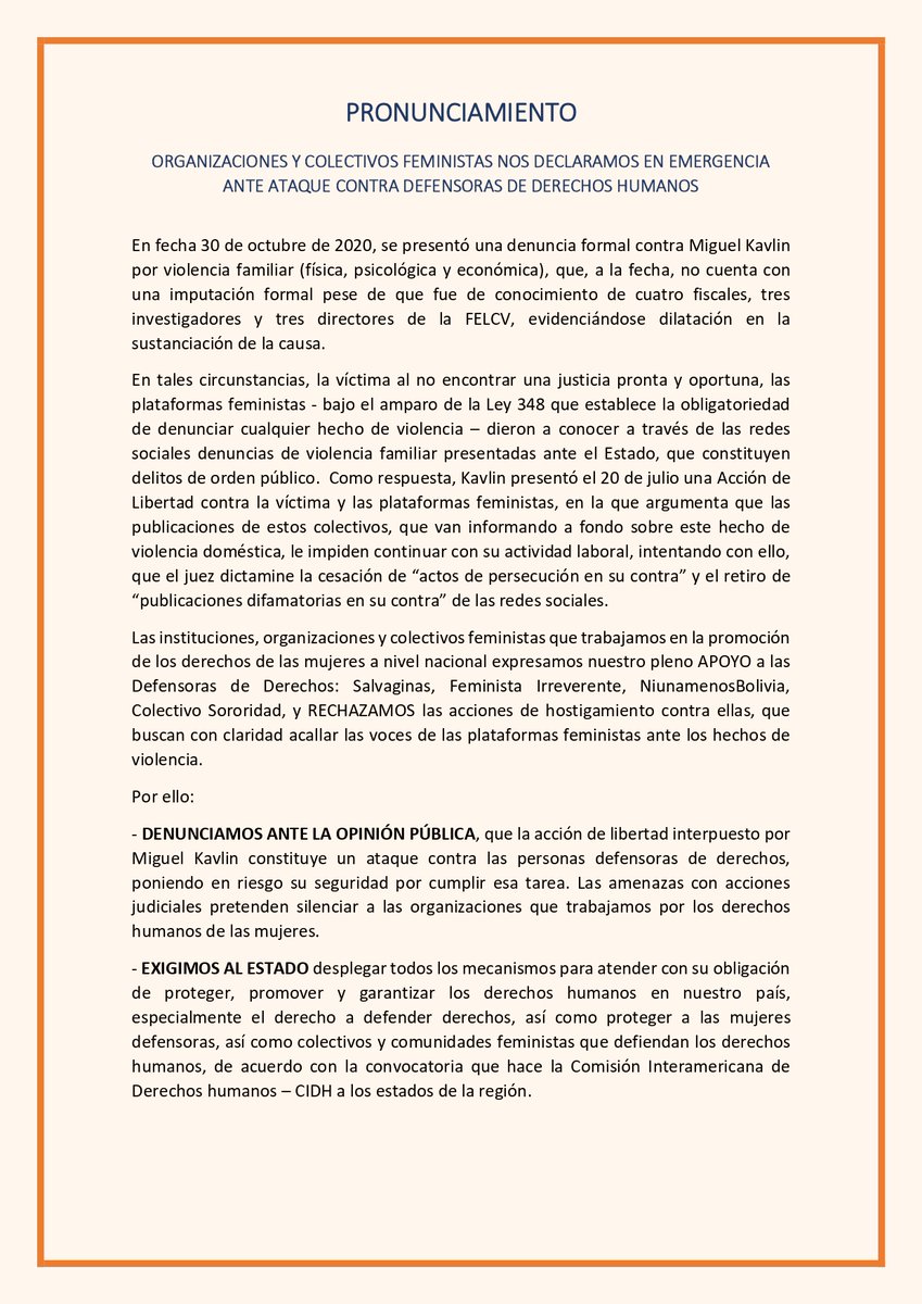 CoordinadoraBO's tweet photo. Las instituciones afiliadas a la Red de la Coordinadora de la Mujer, organizaciones de mujeres a nivel nacional, nos pronunciamos en apoyo a colectivos feministas y nos declaramos en emergencia ante cualquier ataque contra defensoras de derechos humanos. https://t.co/tmHHCotwIr