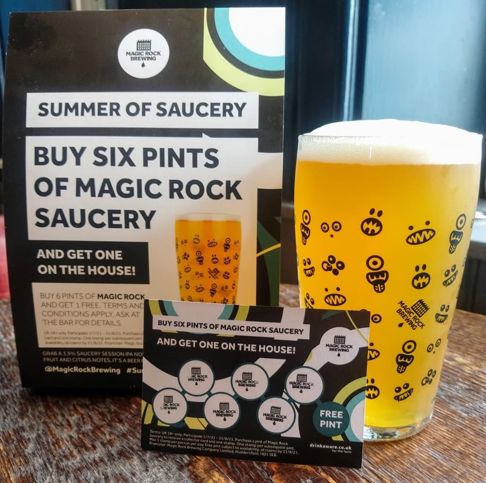 HOS_LeedsMH's tweet photo. Fancy a free pint? Every 7th pint of Magic Rock Saucery is free throughout August!

Simply collect a stamp card with your first purchase and throughout August you'll receive a stamp with every pint of this juicy Session IPA that you buy!

#SummerOfSaucery #MagicRock #HeadofSteam https://t.co/zbTtbg3eBX