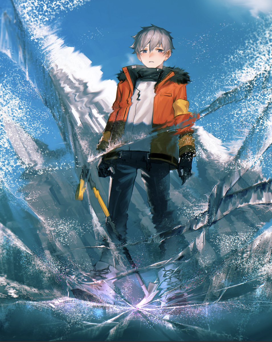 1boy male focus solo orange jacket ice jacket sky  illustration images