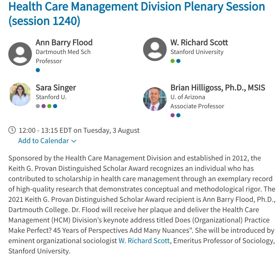 We're thrilled to highlight the Division Plenary, today 12:00pm EDT!

The 2021 Keith G. Provan Distinguished Scholar Award recipient is Ann Barry Flood, who will deliver HCM's keynote address: Does (Organizational) Practice Make Perfect? 45 Years of Perspectives Add Many Nuances.