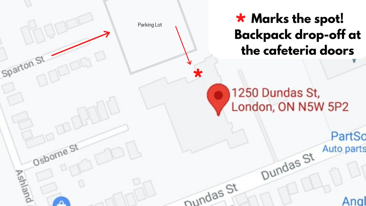 ❌ marks the spot! Are you planning on dropping off items for #BestFirstDay? Follow this map and visit us at the #TVDSB Ed Centre at 1250 Dundas St. We are set up in the cafeteria until 1PM today! Visit buff.ly/3jfyywZ for more info! 🎒 <a href="/TVDSB/">Thames Valley DSB</a> <a href="/unitedwayemca/">United Way Elgin Middlesex</a> #LdnOnt