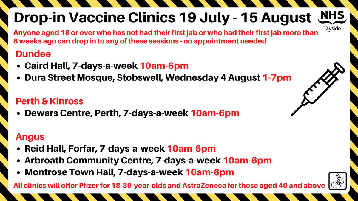 Drop-in 💉clinics across Tayside until 15 August - new dates added!

If you are 18 or over by 31 October 2021 and not had your first jab or are at 8 weeks or more since your first jab, you can drop in to any of these sessions.