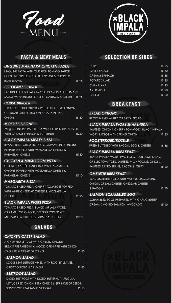 BlackImpala_R's tweet photo. [ MENU ] Our food menu for the food lovers 😋🥂.

#blackimpalaresturant #blackimpalarestaurantpe #gqeberha #foodinpe #sharethebaynmb #easterncape https://t.co/1YzVN1qu9q