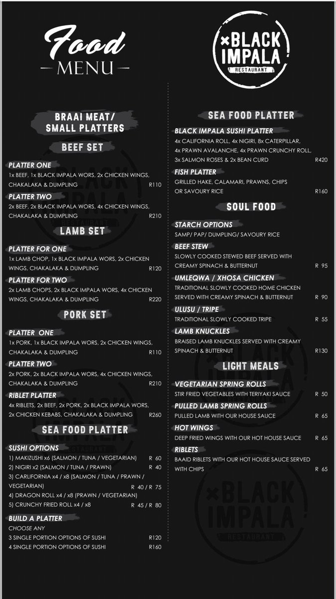 BlackImpala_R's tweet photo. [ MENU ] Our food menu for the food lovers 😋🥂.

#blackimpalaresturant #blackimpalarestaurantpe #gqeberha #foodinpe #sharethebaynmb #easterncape https://t.co/1YzVN1qu9q