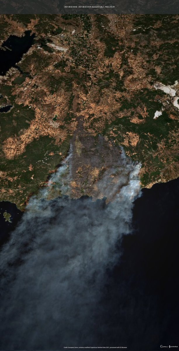 Uydu verileri incelediğimiz zaman Muğla ve Antalya'da yangınların devam ettiği görülüyor.

Sentinel-hub