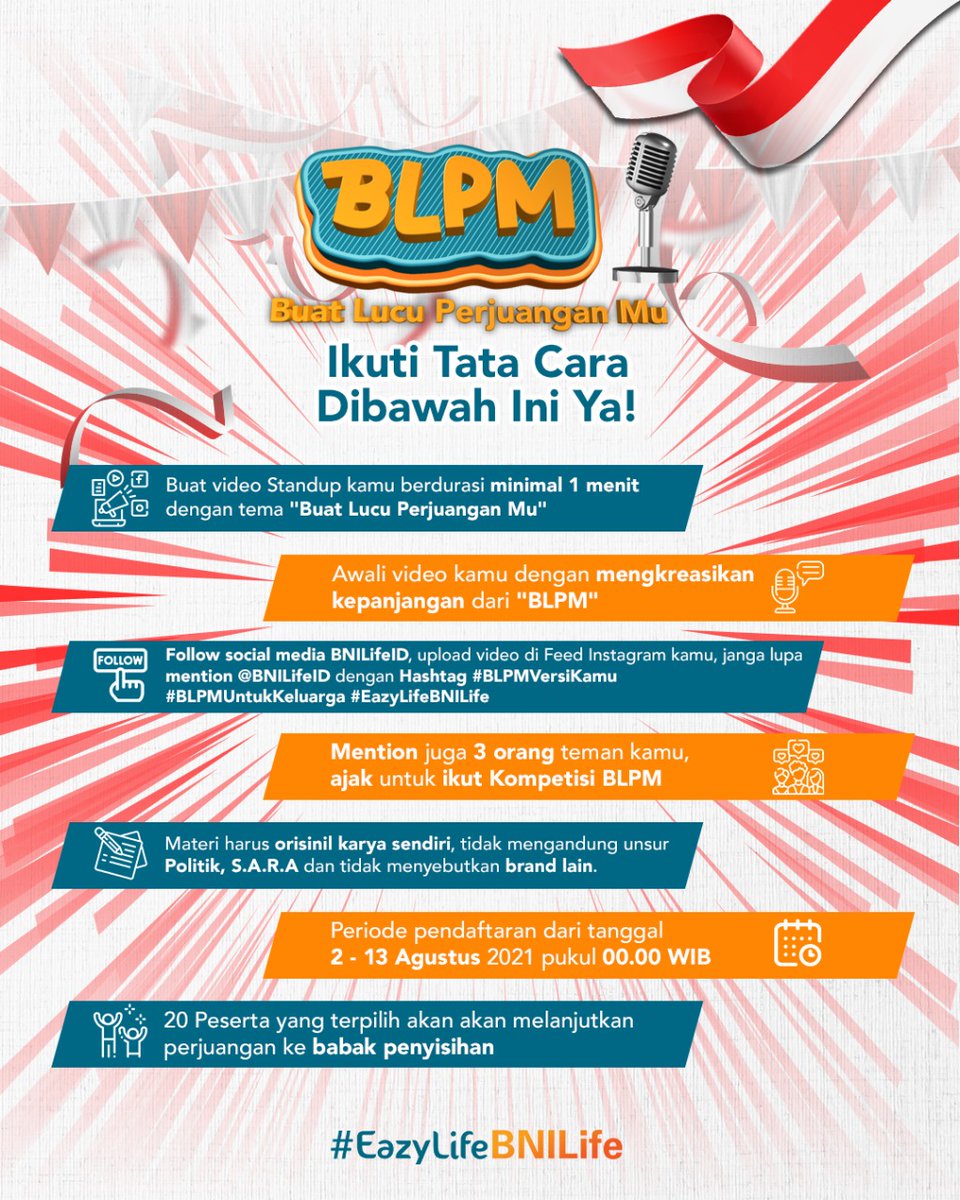 Bekerjasama dengan BNI Life, kami memanggil kalian semua para standup komedian dan konten kreator. Sekarang saatnya buat tunjukin bakat kamu di panggung Standup Comedy Digital Competition "Buat Lucu Perjuangan Mu".
@bnilifeid #BLPMVersiKamu #BLPMUntukKeluarga #EazyLifeBNILife