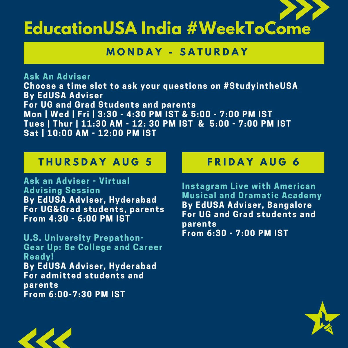 EdUSA_India's tweet photo. Mark your calendars! Check out our lineup of events for the week of Aug 2-6. Stay on top of your US application process with #EducationUSAIndia.⠀
Register here: https://t.co/IouXSkkF2q 
#EdUSAEvents #StudyintheUSA #EducationUSA #intled #EdUSAIndiaatHome #USHigherEd #weektocome https://t.co/PeRWBQnB3H