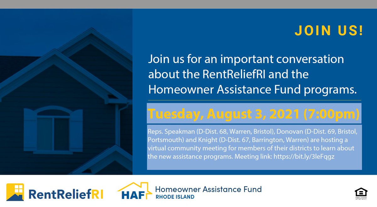 RIHousing's tweet image. Virtual info session on rent and homeowner assistance tonight at 7pm w/ State Reps @junespeakman, @sdonovanbristol and @Rep_Jason bit.ly/3leFqgz