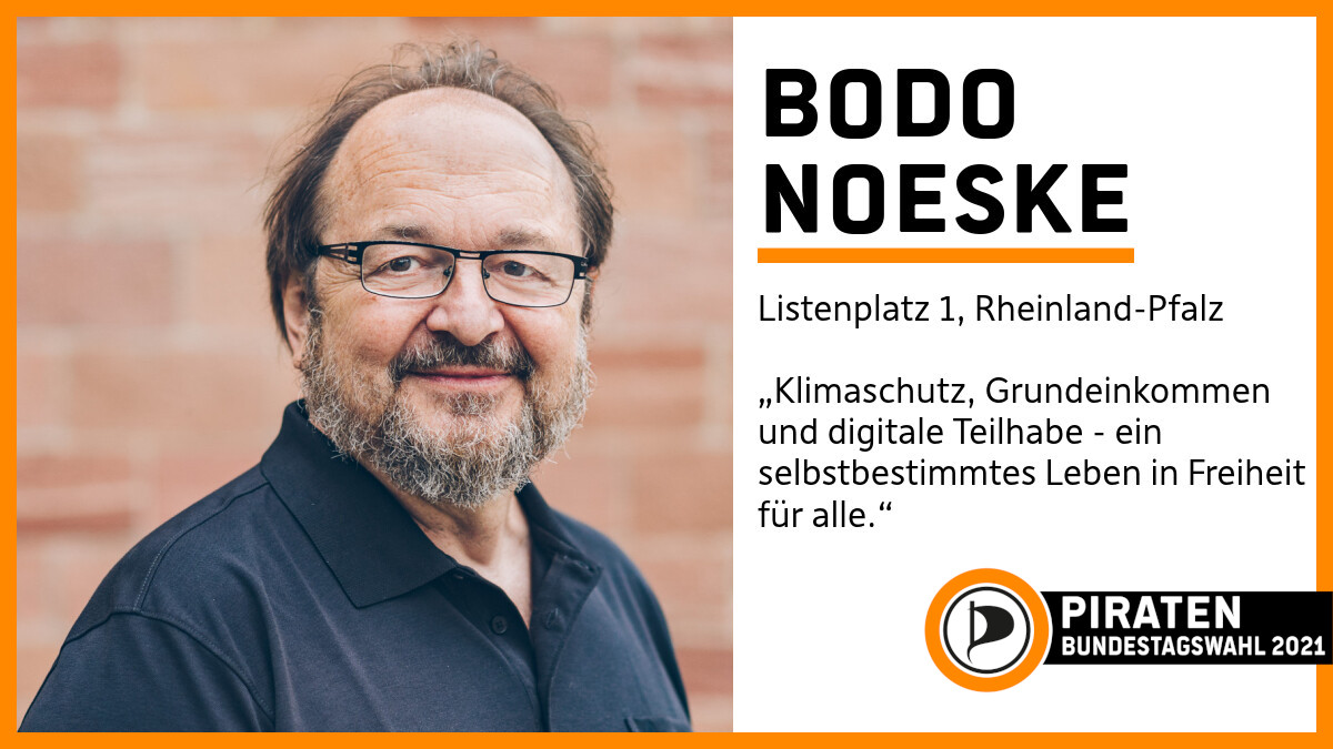 Piratenpartei (@piratenpartei) on Twitter photo Bodo Noeske, <a href="/BodoNoeske/">Bodo Noeske - 🧡🏴☠️💜</a>, ist unser Spitzenkandidat in Rheinland-Pfalz. Er setzt sich ein für ein bedingungsloses Grundeinkommen, kostenlosen ÖPNV und Klimaschutz. Er will ein Ende des Sterbens an den EU-Außengrenzen - für ein selbstbestimmtes Leben in Freiheit für alle.
#BTW21 Bodo Noeske, <a href="/BodoNoeske/">Bodo Noeske - 🧡🏴☠️💜</a>, ist unser Spitzenkandidat in Rheinland-Pfalz. Er setzt sich ein für ein bedingungsloses Grundeinkommen, kostenlosen ÖPNV und Klimaschutz. Er will ein Ende des Sterbens an den EU-Außengrenzen - für ein selbstbestimmtes Leben in Freiheit für alle.
#BTW21