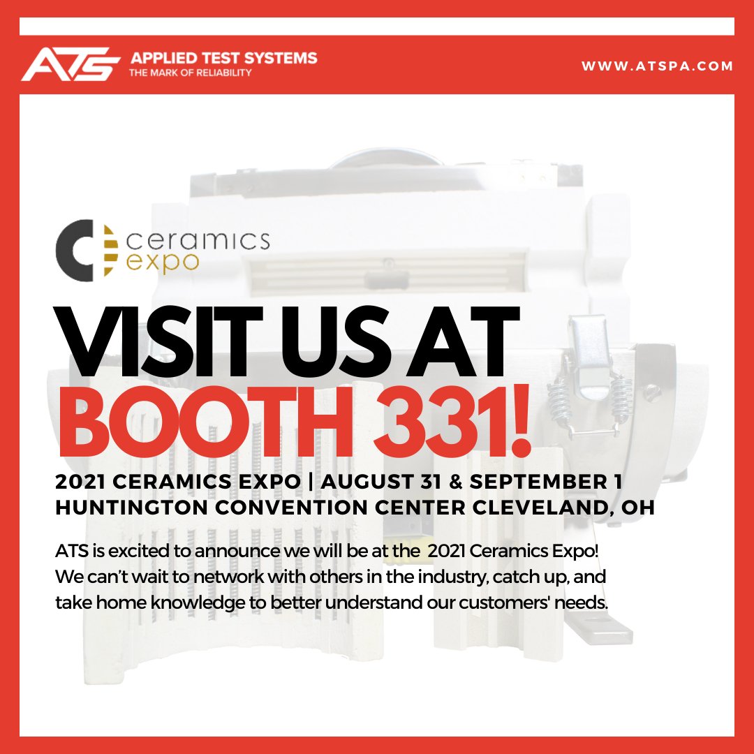AppliedTest's tweet image. Come see ATS on August 31 & September 1 at the 2021 Ceramics expo in Cleveland, OH! #processheating #ceramicsexpo #ats