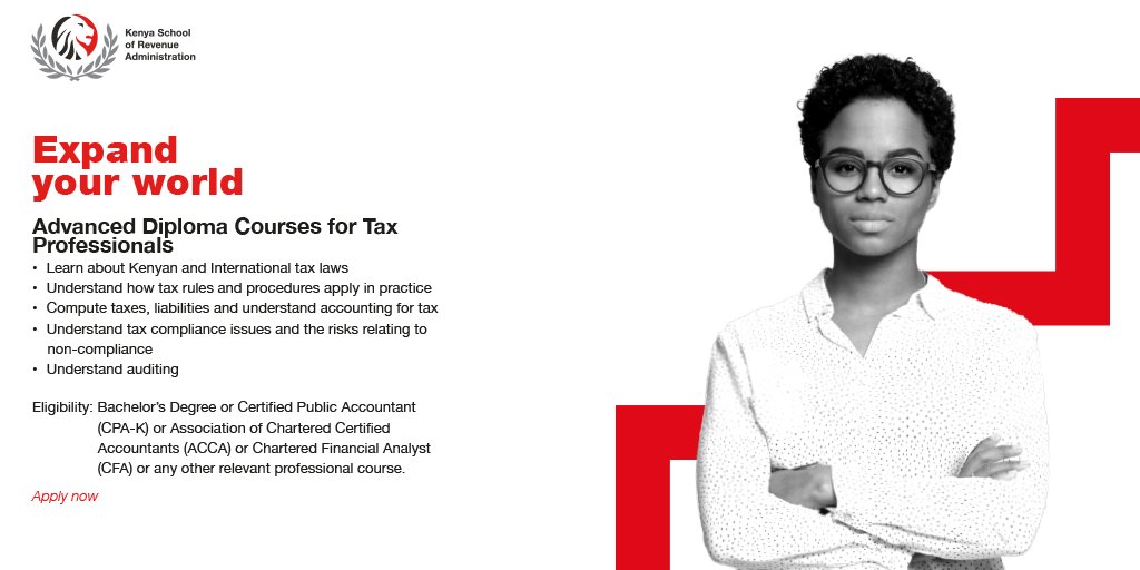 KESRA_KRA's tweet photo. Join upcoming cohorts scheduled for August 2021.
Exemptions are available.
For more details visit https://t.co/ZigbvidEfo
or
Email; admissions@kra.go.ke
#KESRA #BeTaxSmart #AdvancedDiplomaCourses #Tax https://t.co/M6GGxru8qS