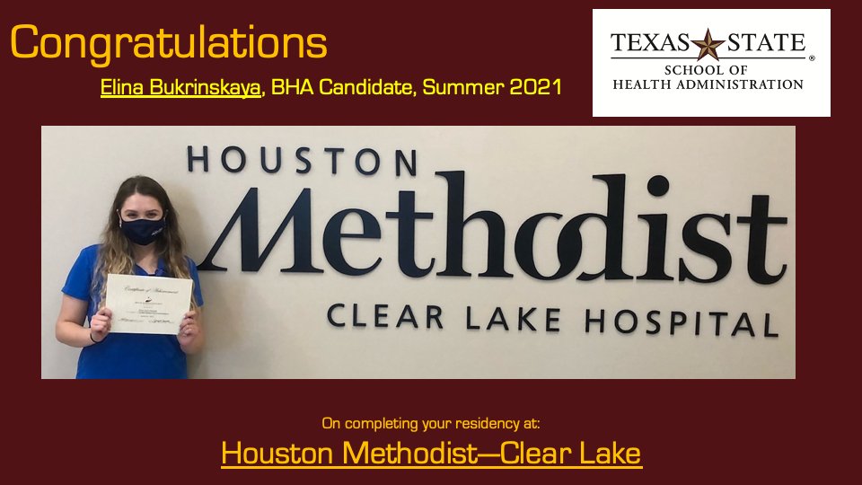 Congratulations to BHA Candidate, Elina Bukrinskaya!  She just successfully completed her residency at Houston Methodist—Clear Lake. Another SOHA Bobcat ready for the field! #txst #txstsoha #TexasStateServiceLearning #txstservice_learning #txstsle #houstonmethodist #MethodistHosp