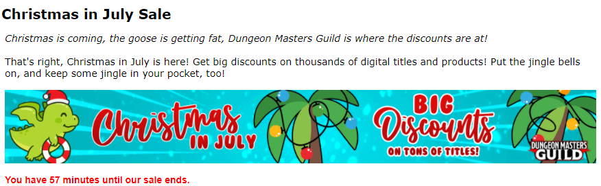 czeuch1's tweet image. Last hour to grab awesome content at up to 25% through the DMsGuild Christmas in July sales!!

Hurry up!

dmsguild.com/browse.php?key…