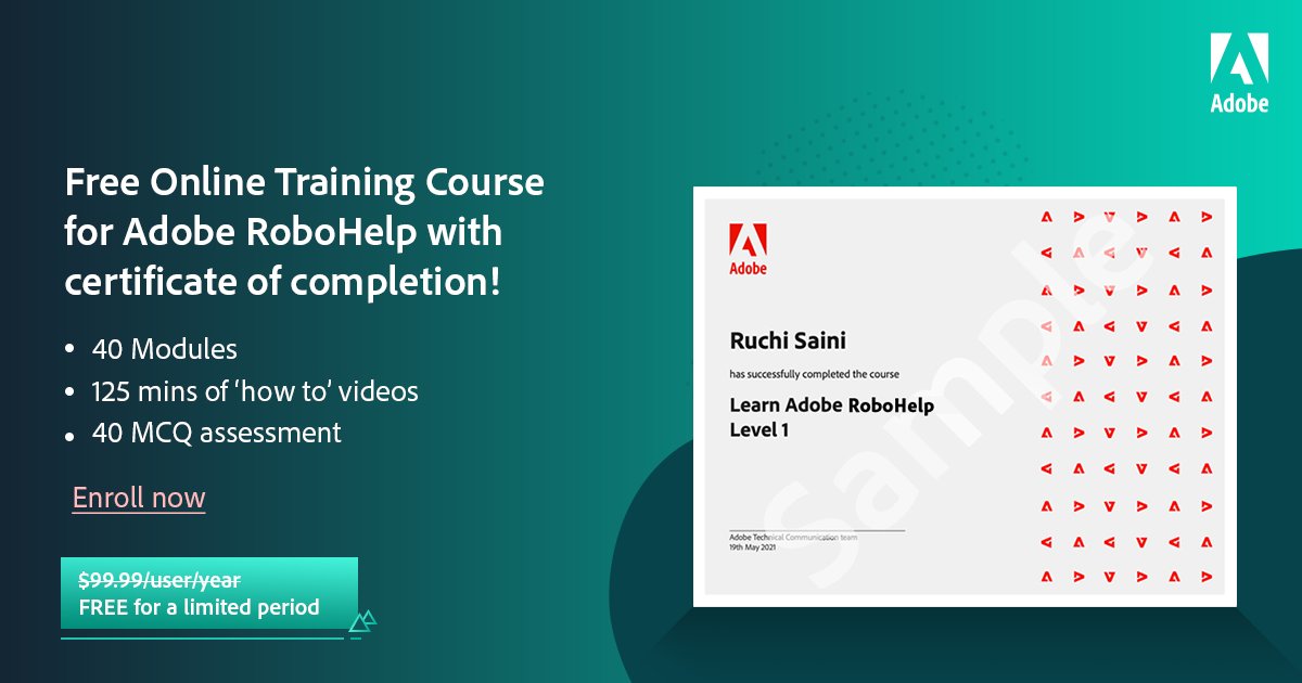 AdobeTCS's tweet image. Easily get started with intuitive authoring based on HTML5 and CSS3 with @Adobe #RoboHelp. And Don't forget to grab your certificate for successfully completing the course. adobe.ly/3ld6fSj
#TechComm #TechnicalWriter #OnlineCourse