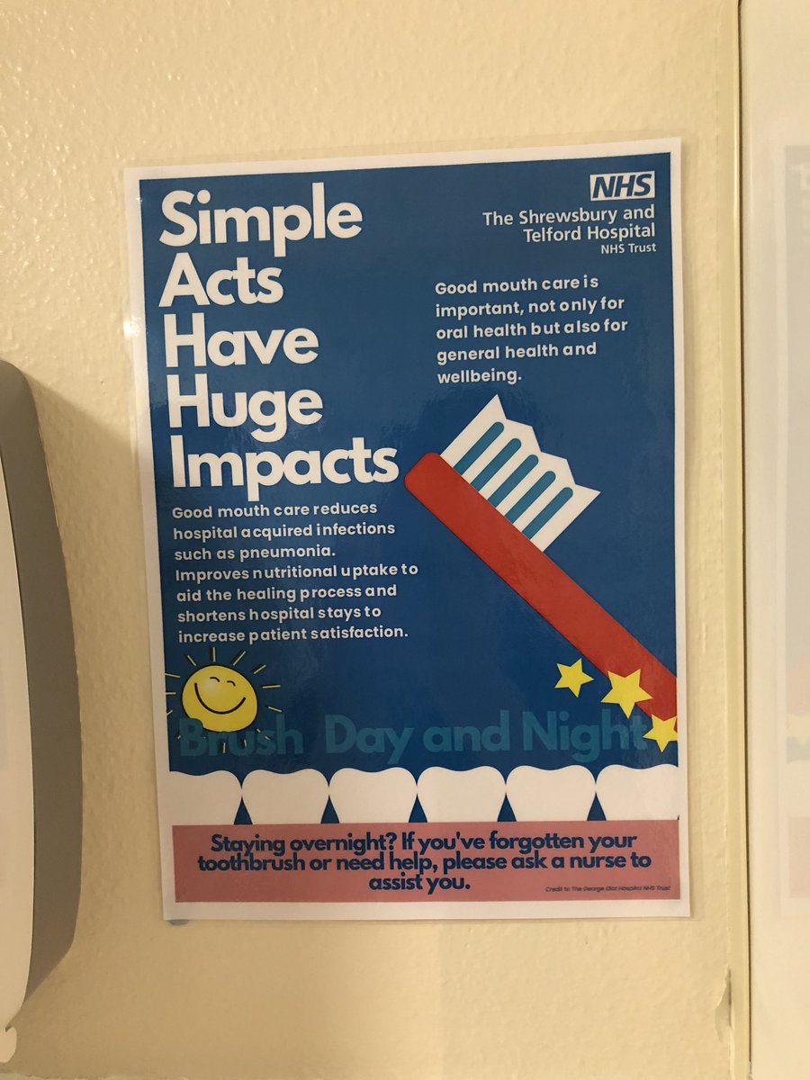 We only have 2 wards to deliver the  posters to now <a href="/sathNHS/">SaTH</a> . Simple message which we hope will improve mouth care <a href="/MCM_HEKSS/">MouthCareMatters</a> <a href="/JulesLewis6/">Jules Lewis RGN MSc 💙🦢</a> <a href="/GilbMiriam/">Miriam Gilbert</a> <a href="/Lisawal26886784/">Lisa walker</a>