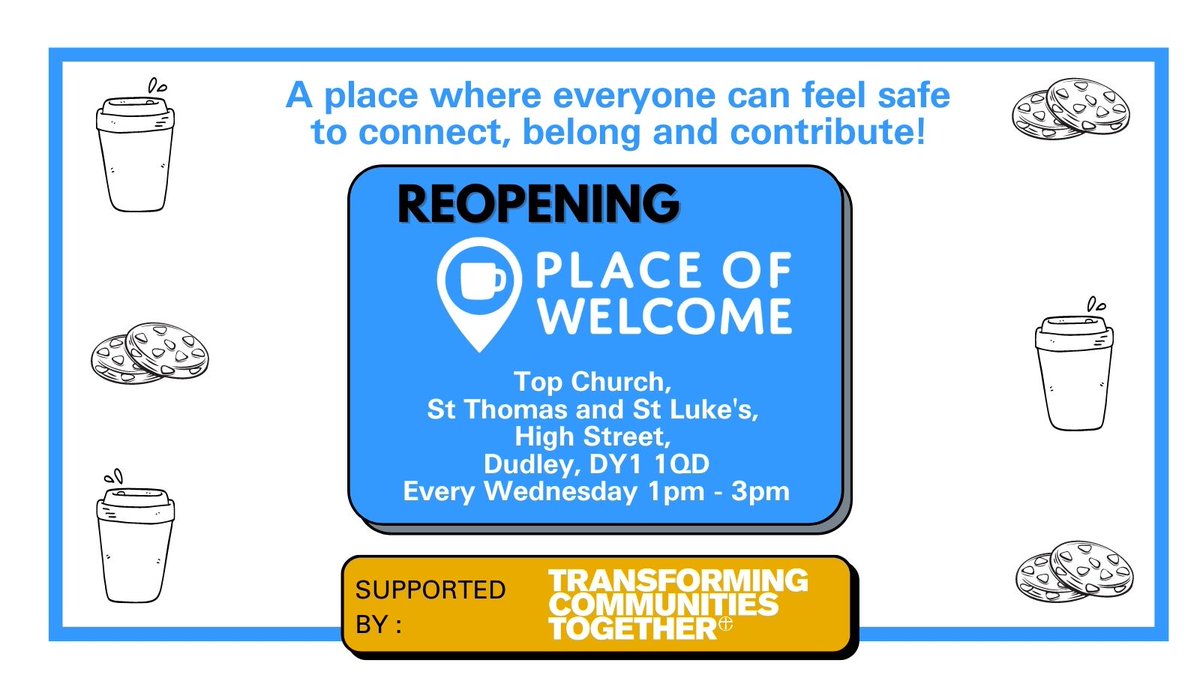 📢Our Place of Welcome reopens tomorrow at Top Church! Now on Wednesdays from 1pm-3pm, come along for a cuppa and a chat! #PlacesOfWelcome @impactpoverty @PlacesOfWelcome
