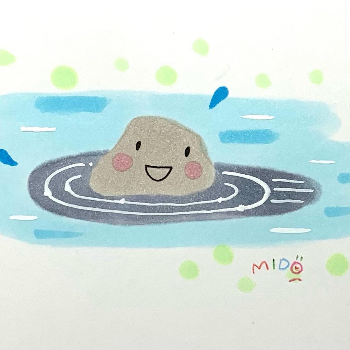 ながたみどり 苔ずきんちゃんの友達 石ゾー を描いてみました 憧れは枯山水 鴨川に住むジャンプとスイミングが得意な小石です 今週の京都も暑そうですが鴨川は少し涼しいですよ 京都 自然 苔 庭 苔ずきんちゃん 友達 石 石ゾー 鴨川 枯山水