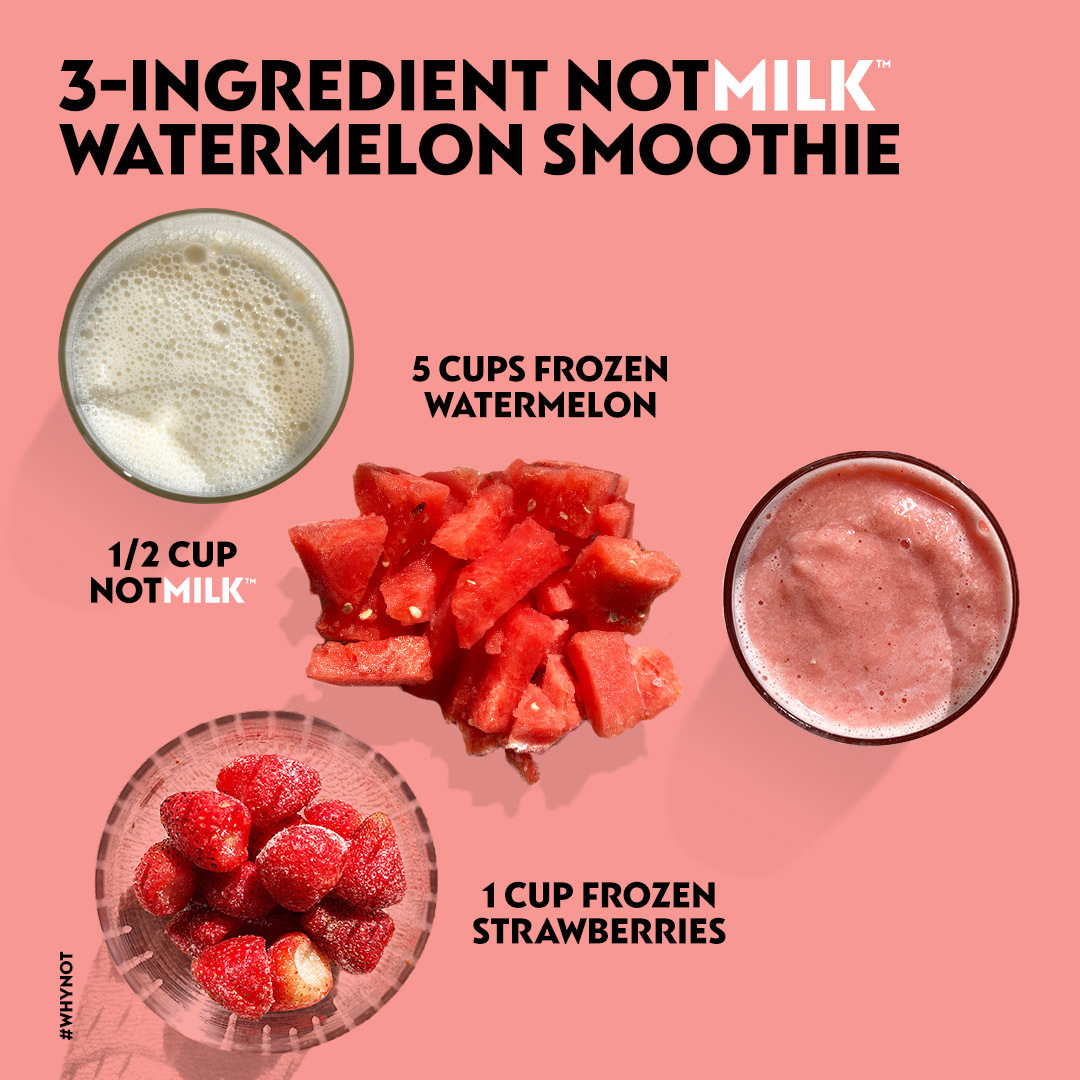 3 ingredients and you have a delicious 🍉 smoothie that's perfect for National Watermelon Day! All you need to do is blend 1/2 cup of NotMilk™✖️🥛 , 5 cups of frozen watermelon🍉cubes and 1 cup of strawberries🍓 #plantbasedstartup #inplantswetrust #nationalwatermelonday
