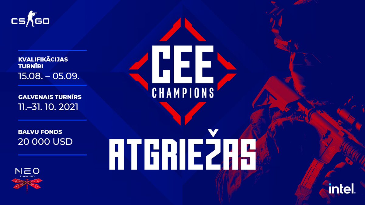 Spēlē CS:GO? Šie jaunumi Tev 👊🏼

CEE Champions turnīrs ir atgriezies ar vērienu:
19 dalībvalstis
2 komandas no Latvijas
20 000 $ balvu fonds 🤯
0 € reģistrācija #crazy 

Reģistrējies kvalifikācijām un  pārstāvi Latviju! 🇱🇻

Vairāk info un reģistrācija:  goexanimo.lv👈🏼