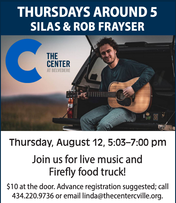 TheCenterCville's tweet photo. Join us for Thursdays Around 5 with Silas and Rob Frayser! This duo will be playing tunes at The Center from 5:03-7:00 pm on Thursday, August 12. Firefly Food Truck will also be on-site! Event details here: https://t.co/7eR0m8yPWG  https://t.co/OvO3JFr1LW