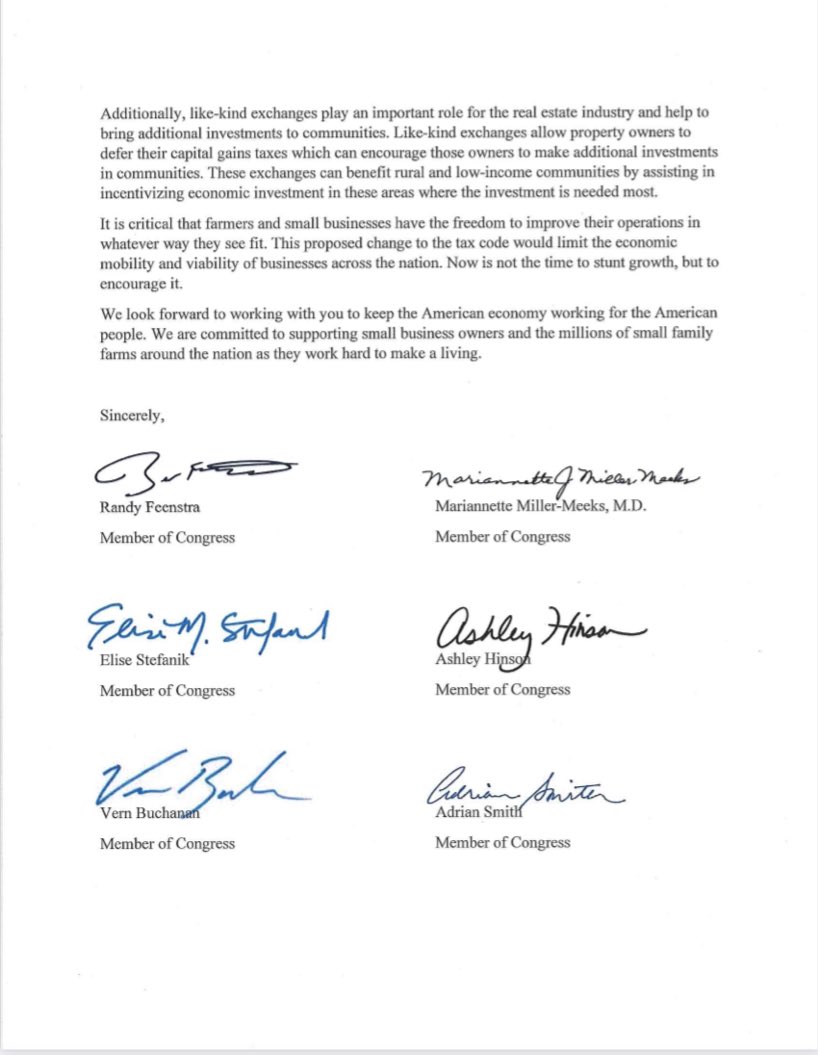 RepFeenstra's tweet photo. Capping #LikeKindExchanges would result in higher taxes for farmers and main street business owners who help drive economic growth in rural areas.
That's why I led 80+ of my colleagues in urging President Biden to abandon this effort. ⬇️⬇️ https://t.co/lekVkNQYpq