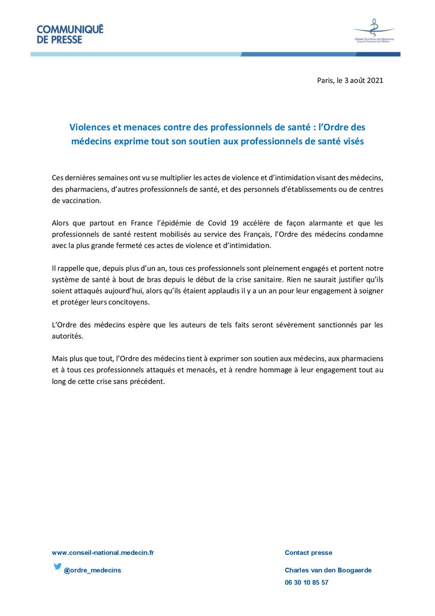 [Communiqué] 

Violences et menaces contre des professionnels de santé: l’Ordre des médecins exprime tout son soutien aux professionnels de santé visés⤵️