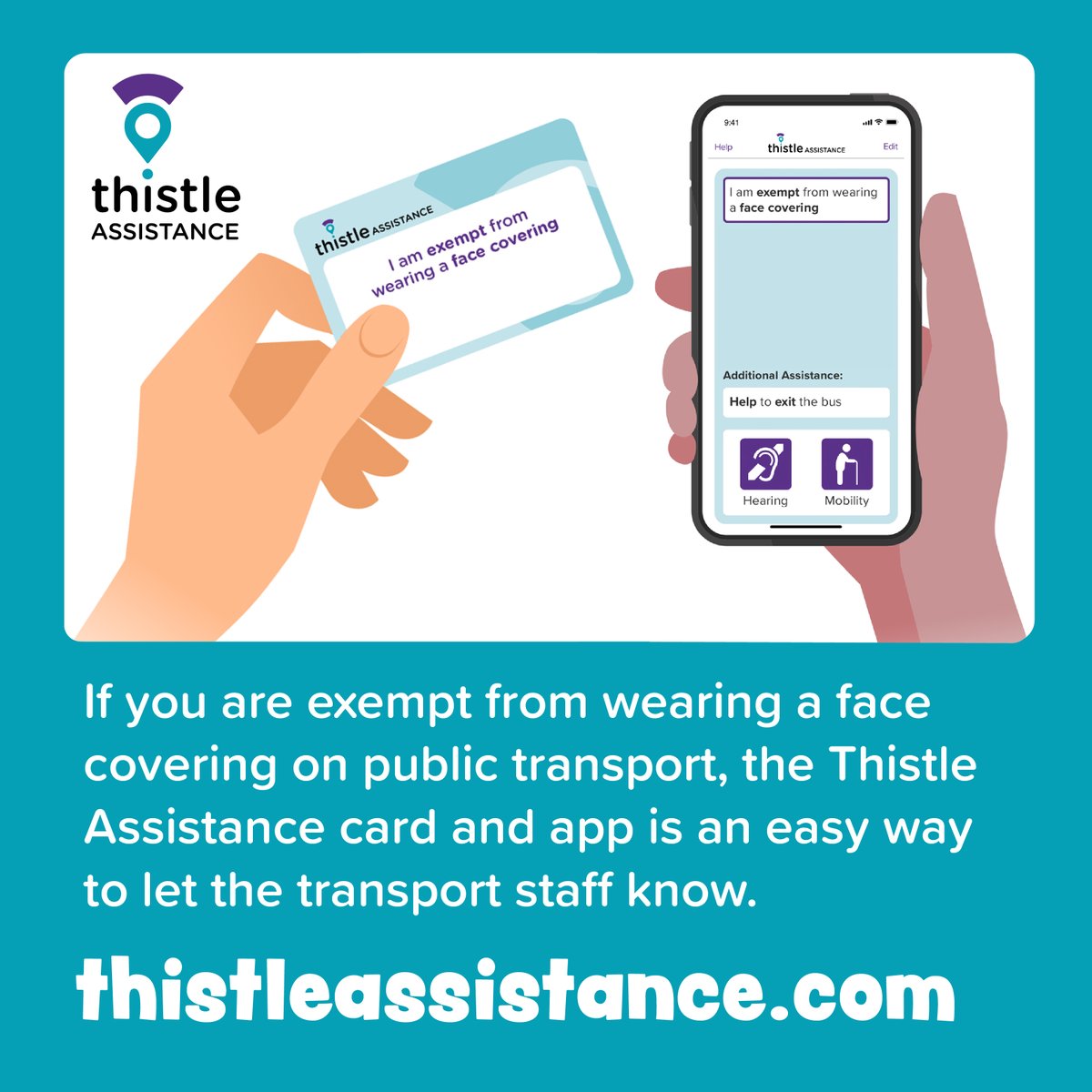 If you are exempt from wearing face coverings on Public Transport 
<a href="/Thistle_Assist/">Thistle Assistance</a> is a safe and easy way of letting your transport operator know. Just use our sticker on your card and app! 
#ALittleHelpGoesALongWay #Travel