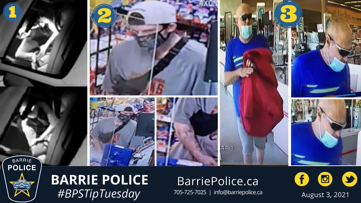 BarriePolice's tweet photo. BPS is looking for the assistance of the public in identifying these persons who are wanted in ongoing investigations. Any info, contact tips@barriepolice.ca or Crime Stoppers of Simcoe Dufferin Muskoka @CrimeSDM #BPSTipTuesday More details &amp; pictures: https://t.co/X2KfWDy33o https://t.co/UILBpFhqJ7