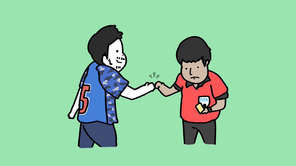 「スペイン戦でPK取り消しになったときの吉田麻也選手と審判
#サッカー #Toky」|原ストマックのイラスト