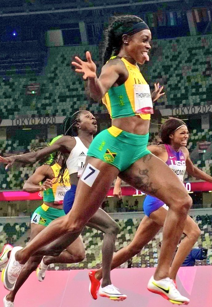 SteveEdwardsJA's tweet photo. This photo of Elaine Thompson-Herah says it all https://t.co/zQdNDDVTmY