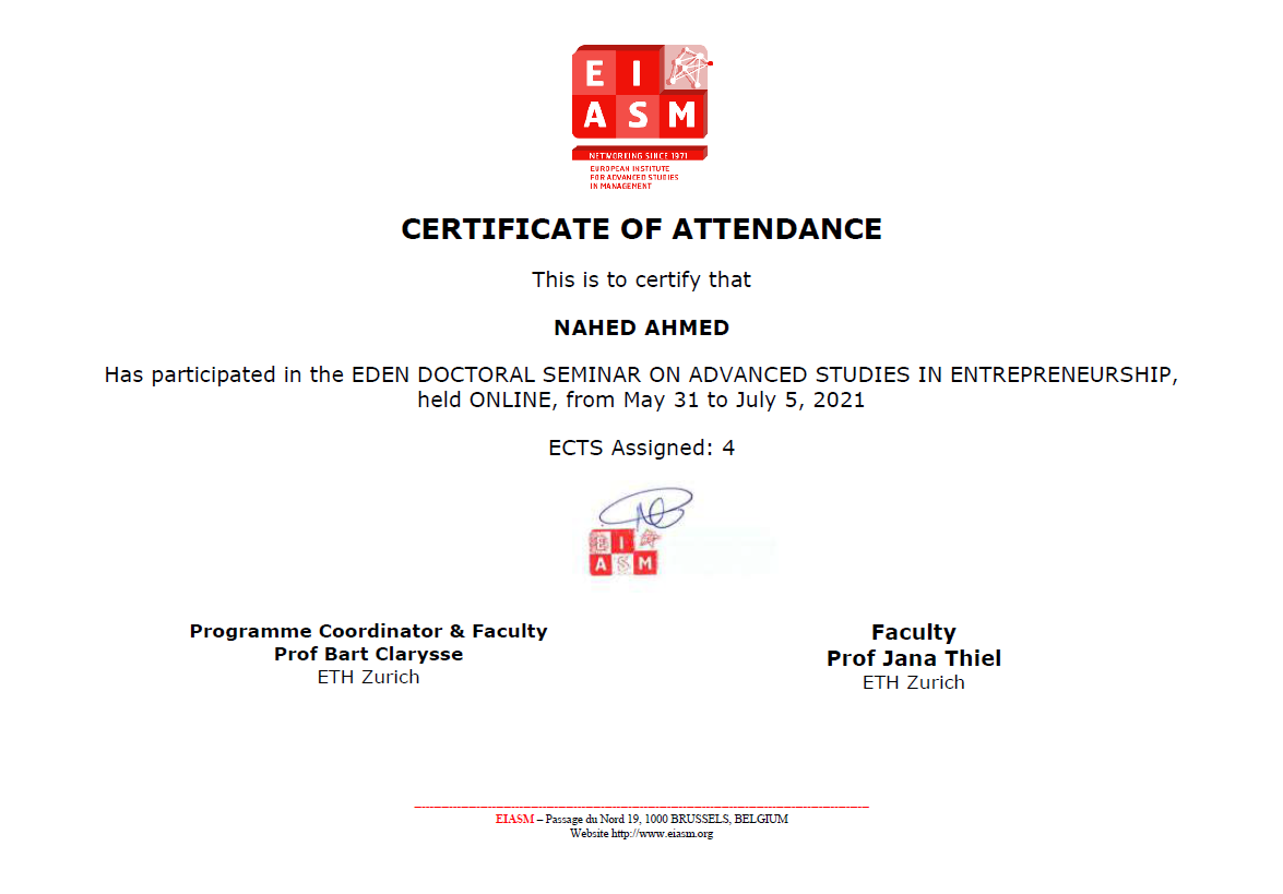 Intensive Doctoral Seminar "Advanced Studies in Entrepreneurship"

#European Institute for Advanced Studies in Management (EIASM)