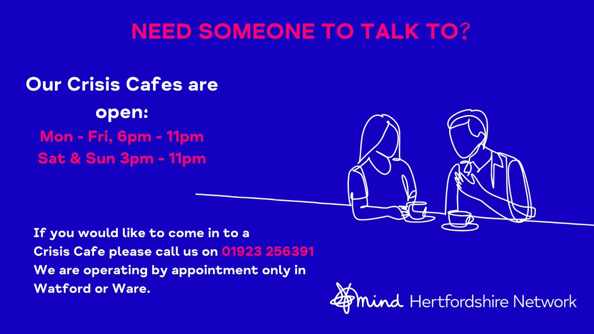 Our Crisis Cafés are open every day for people who are experiencing a mental health crisis. If you would like to access this service, please call the NightLight Crisis Helpline on 01923 256391 #crisiscafe #crisissupport #mentalhealth #wellbeing #watford #ware #hertfordshire